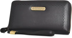 Large Genuine Leather Women Wallet Bifold Purse Clutch RFID Block Card Holder Zipper Wristlet Strap for Ladies Checkbook