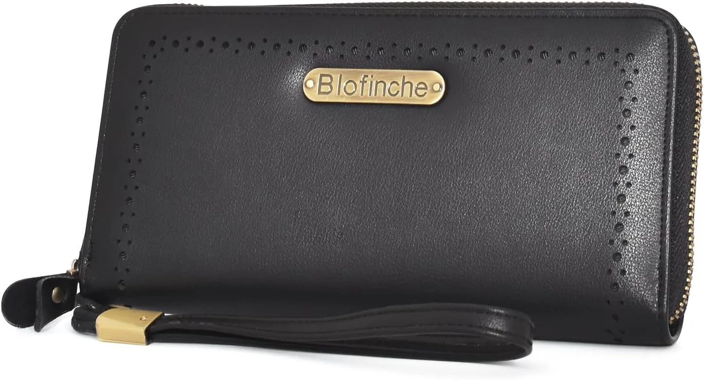 Large Genuine Leather Women Wallet Bifold Purse Clutch RFID Block Card Holder Zipper Wristlet Strap for Ladies Checkbook