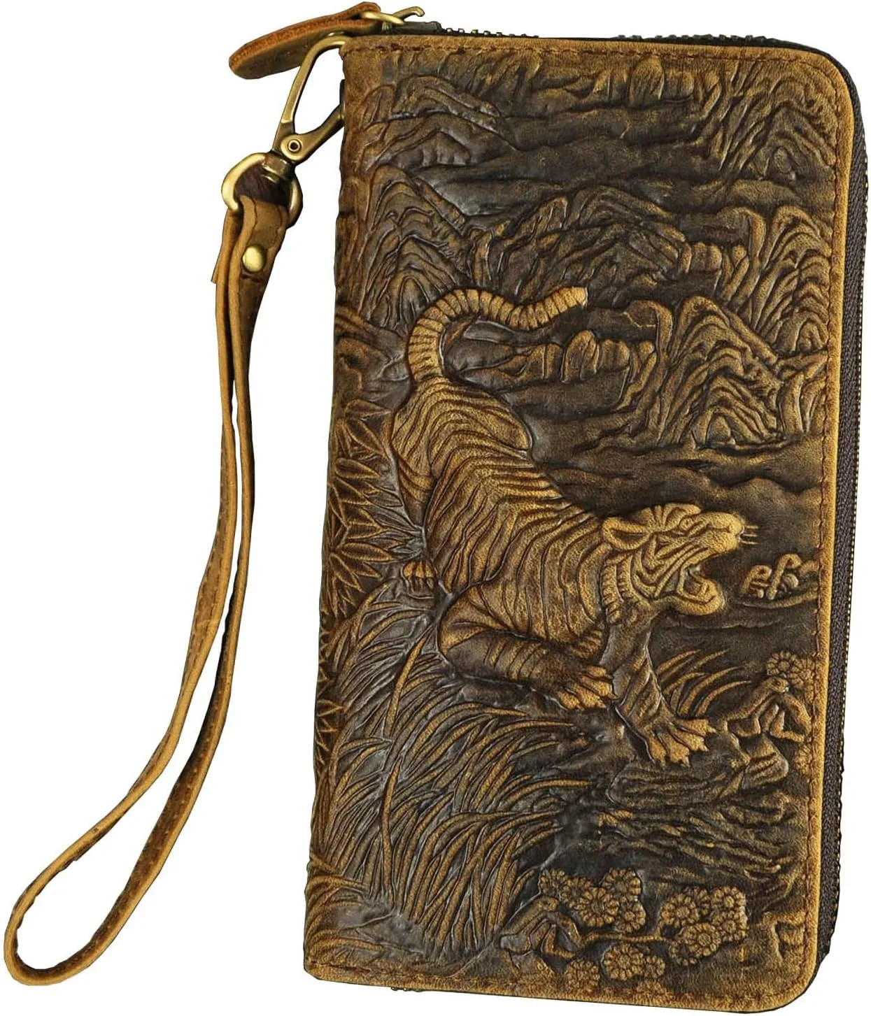 Le'aokuu Unisex Quality Genuine Leather Chain Clutch Hand Bag Organizer Purse Checkbook Zipper Wallet 1016 (W1016 Tiger)