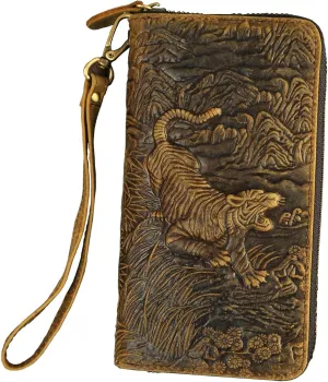 Le'aokuu Unisex Quality Genuine Leather Chain Clutch Hand Bag Organizer Purse Checkbook Zipper Wallet 1016 (W1016 Tiger)
