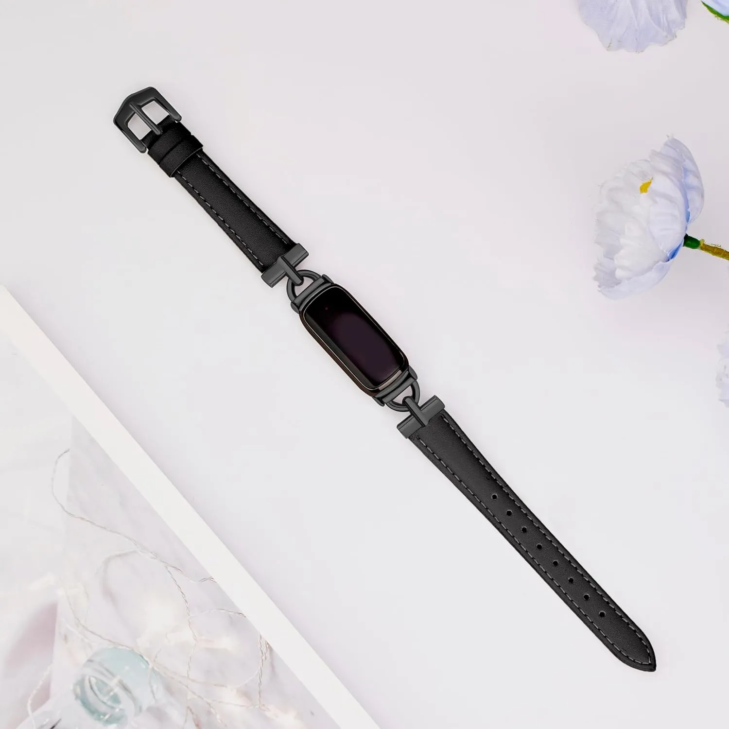 Leather Bands Compatible with Fitbit Inspire 3 Bands, Replacement D-Shaped Watch Straps Soft Wristband for Fitbit Inspire 3 Fitness Tracker Women&Men (Black)
