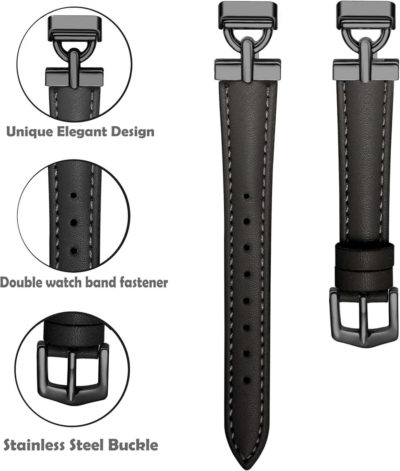 Leather Bands Compatible with Fitbit Inspire 3 Bands, Replacement D-Shaped Watch Straps Soft Wristband for Fitbit Inspire 3 Fitness Tracker Women&Men (Black)