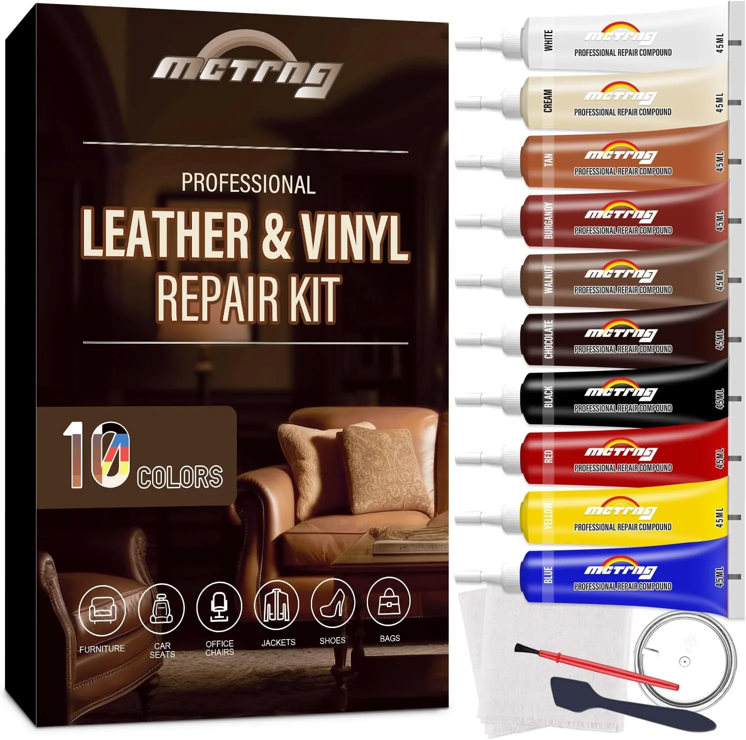 Leather Repair Kit for Furniture, Couch, Sofa, Jacket, Car Seats and Purse, Restores Faux, Artificial, Genuine Pleather and Any Material, with Super Easy to Follow Instructions to Match Any Color