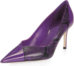 LEHOOR Women Snakeskin Stiletto High Heels Closed Pointed Toe Pumps Patchwork Cap Toe Slip on Stilettos Sandals 3 Inch Patent Sexy Thin High Heels Snake Print Party Dressy Wedding 4-11 M US