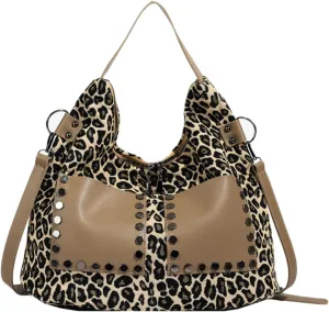 Leopard Purse Women Studs Large Tote Bag Cheetah Print Crossbody Bag Y2K Leopard Handbag Vintage Shoulder Bag
