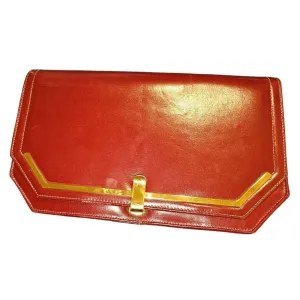 Lewis NOS NWT Red Leather Clutch w Bold Gold Accents