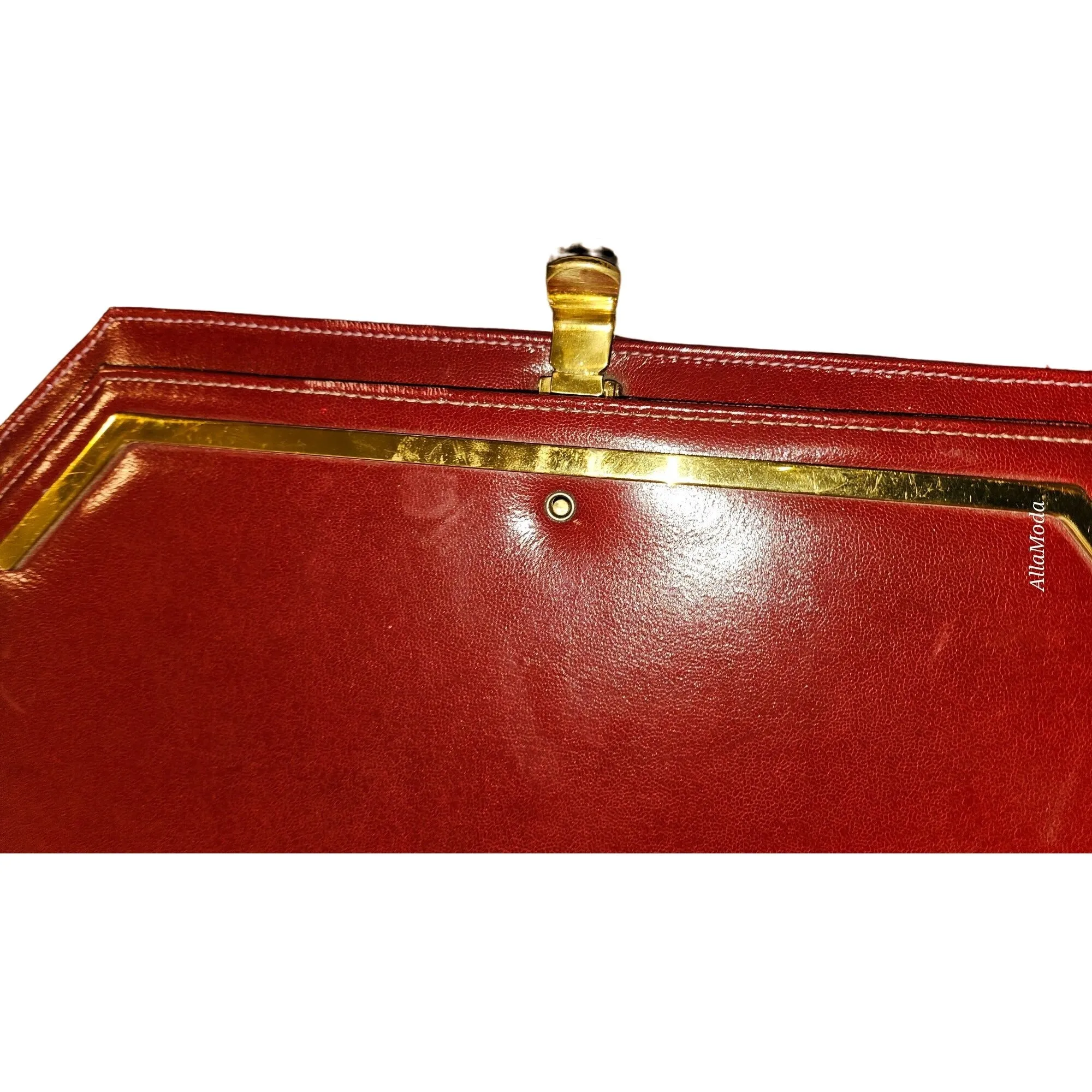 Lewis NOS NWT Red Leather Clutch w Bold Gold Accents