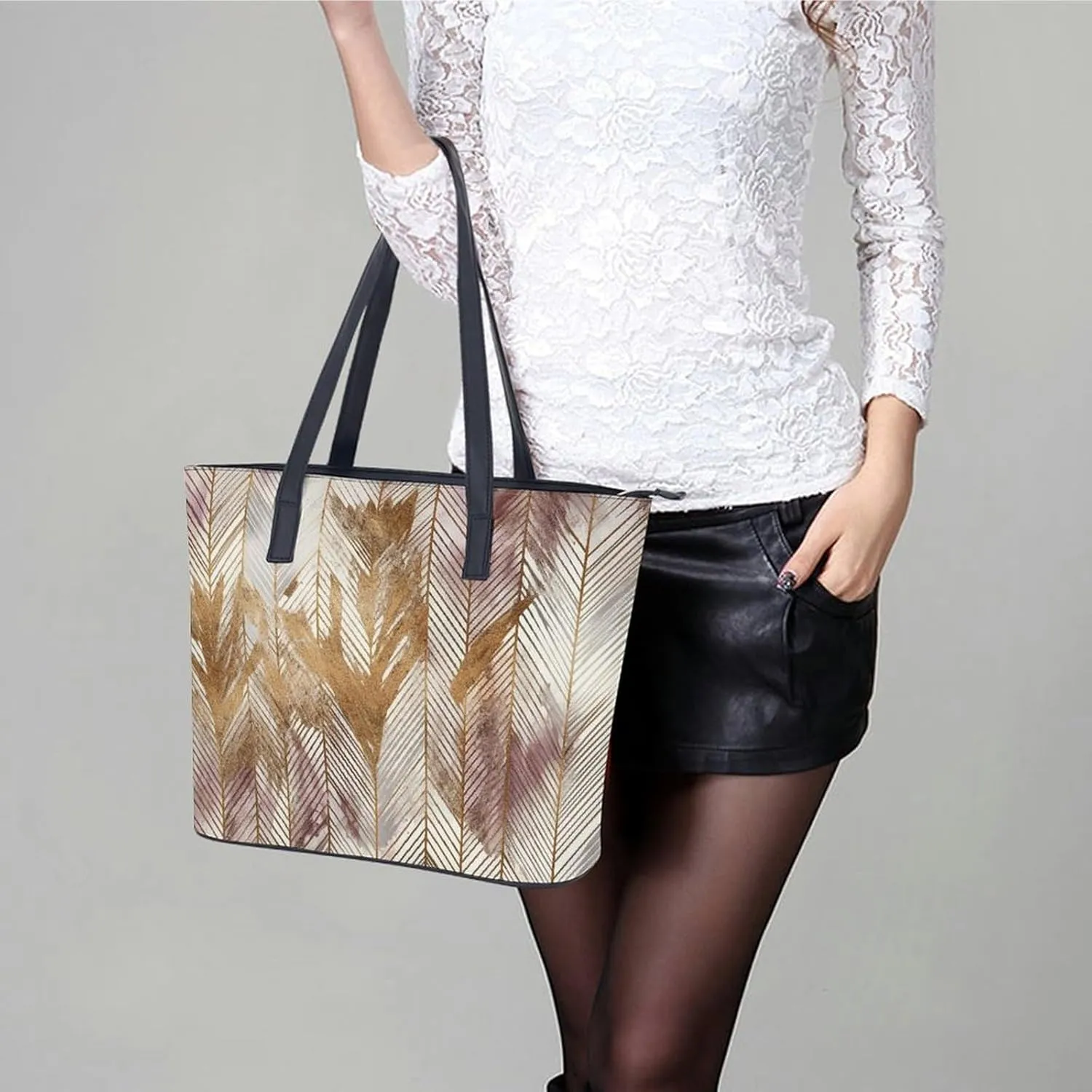 Line Tropical Leaves Bag Purse Handbag for Women Top Handle Satchel Shoulder with Zipper Tote Bags Large