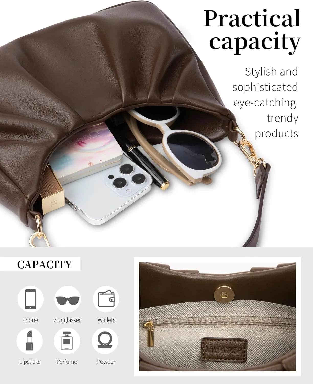 LIVACASA Shoulder Bags for Women, Cute Soft Small Clutch Purses,PU Leather Hobo Crossbody Tote Dumpling Bags with Pockets
