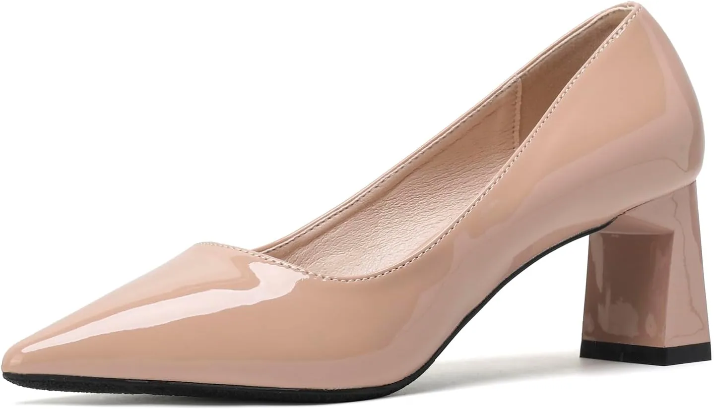 LizFoYa Women Retro Closed Pointed Toe Chunky High Heels Patent Leather Pumps Comfort Dress Party Shoes