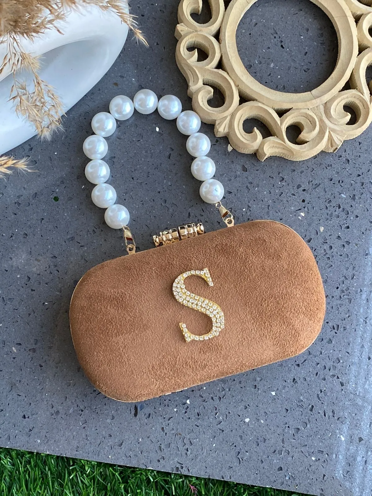 Luxe suede box clutch with Initial