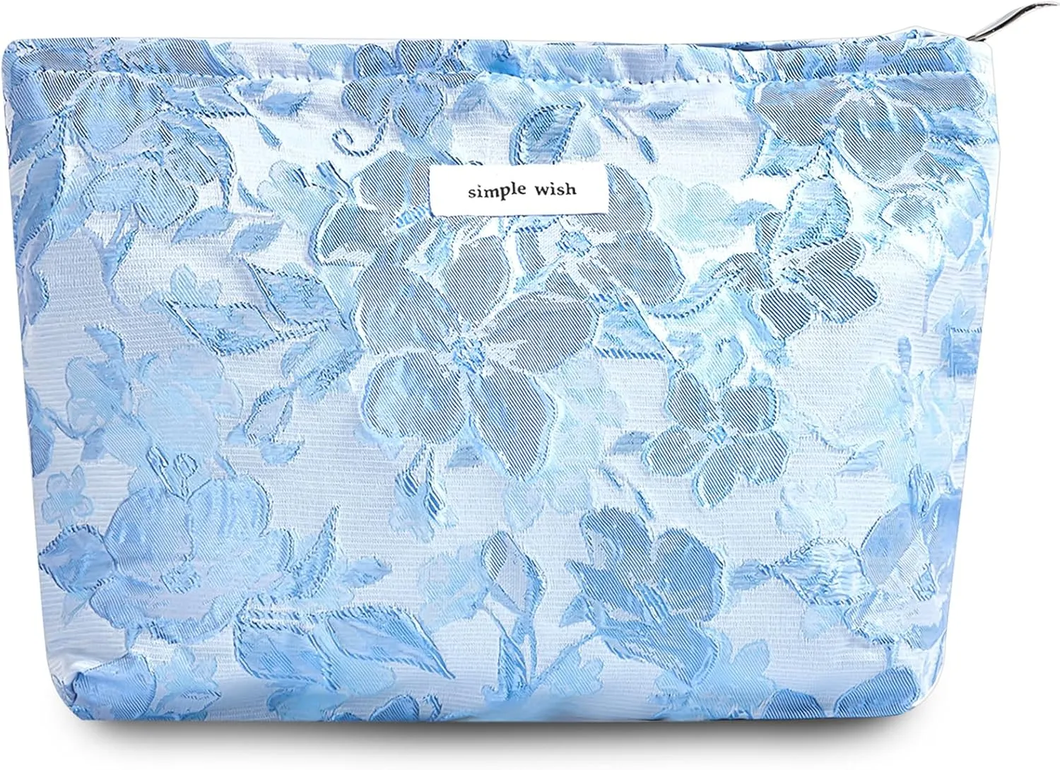 Makeup Bag Cosmetic bag Preppy Canvas Toiletry Bag for women Cute zipper pouch Organizer Travel accessories (01-Blue Embossed, Large)