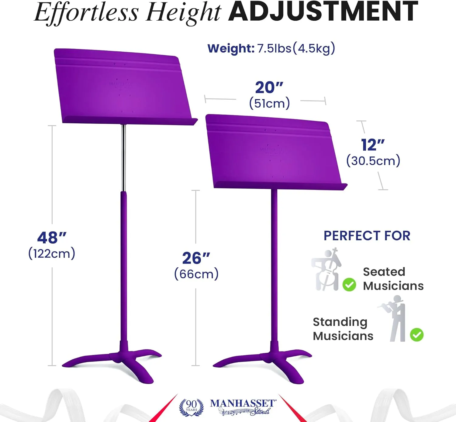 Manhasset Music Stand For Sheet Music - 48 Symphony Model - 4801MPU - Long Lasting, Durable Manhasset Stand - Adjustable Height - 20" by 12