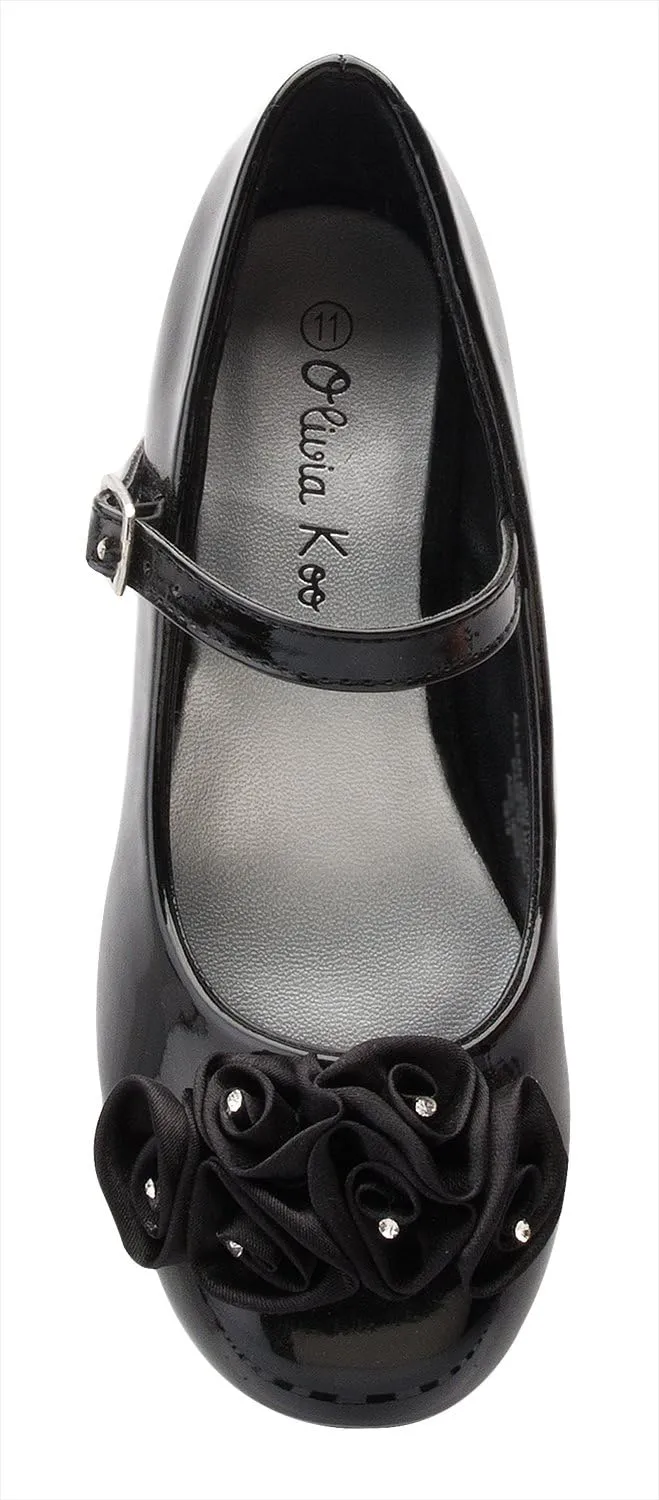 Mary Jane Shoes with Pretty Satin Rolled Rosettes Patent Leather
