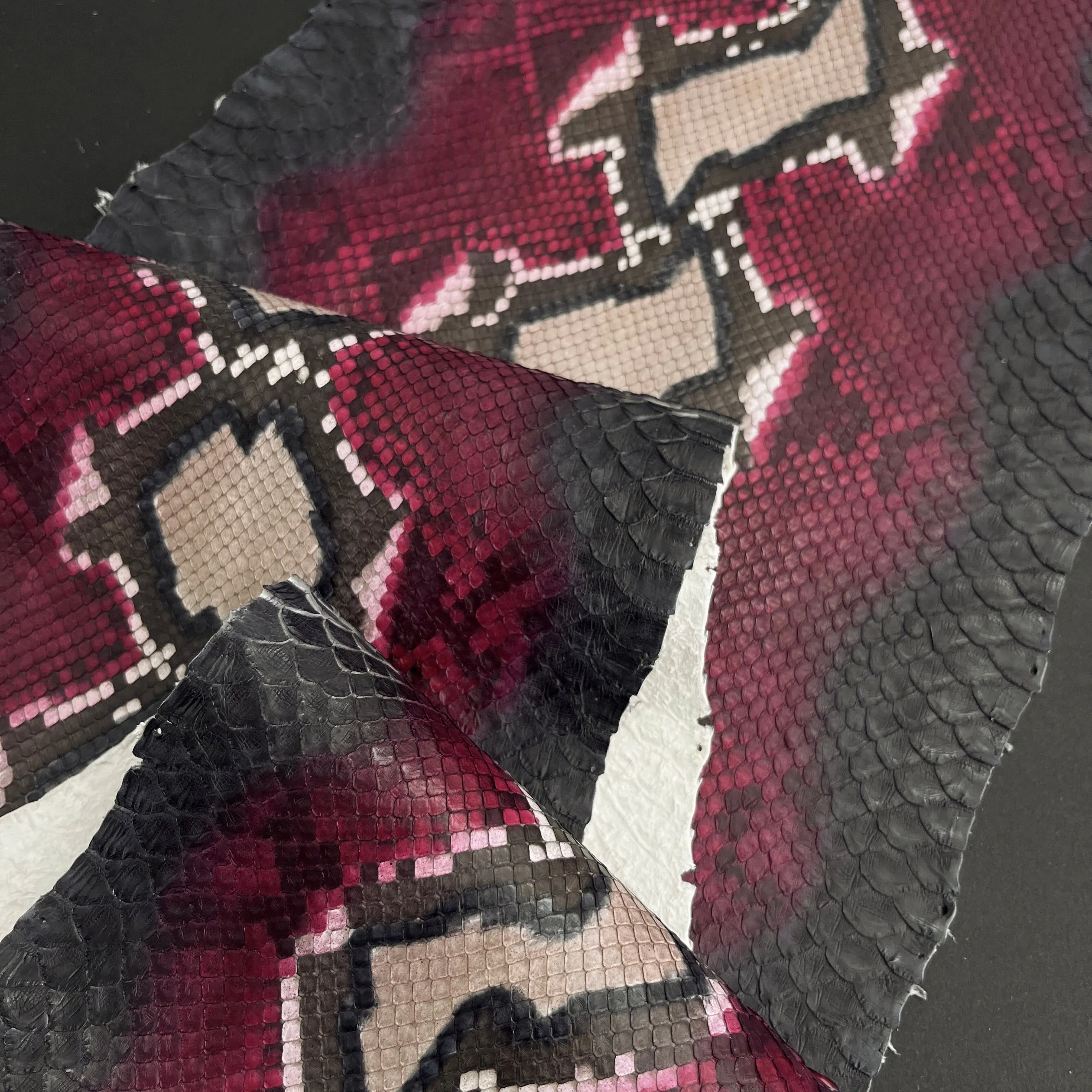 Matte Diamond Python Leather – Red, Taupe & Black | Front Cut