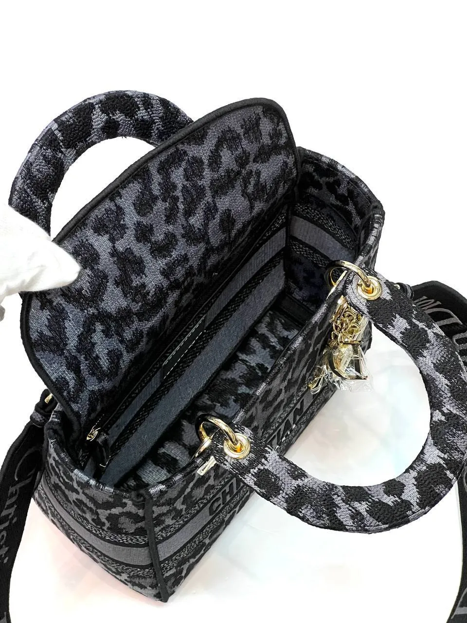 MEDIUM LADY D-LITE BAG Black Mizza embroidery