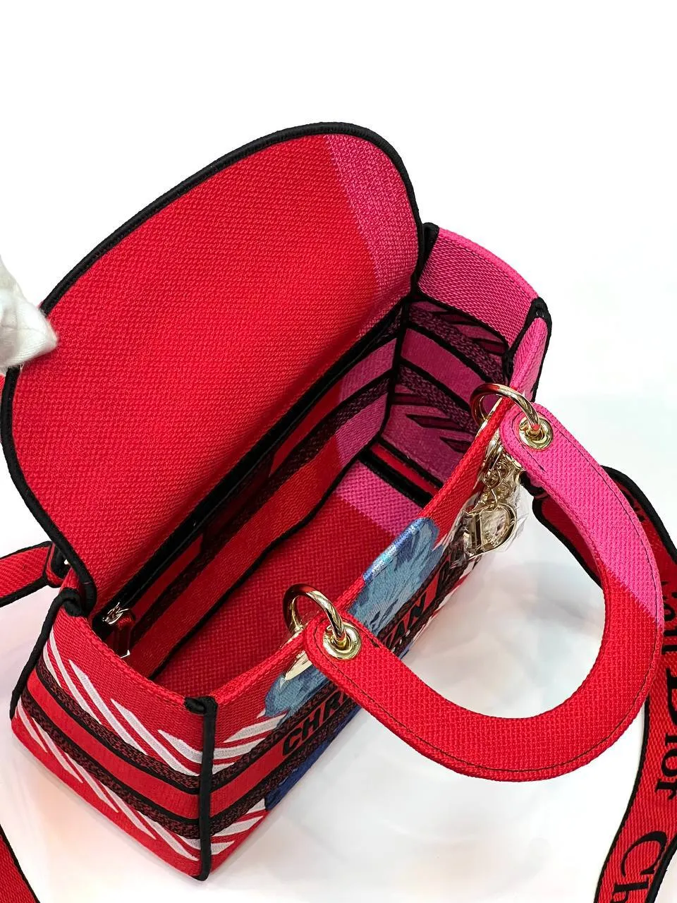 MEDIUM LADY D-LITE BAG Bright Pink Multicolor D-Flower Pop Embroidery