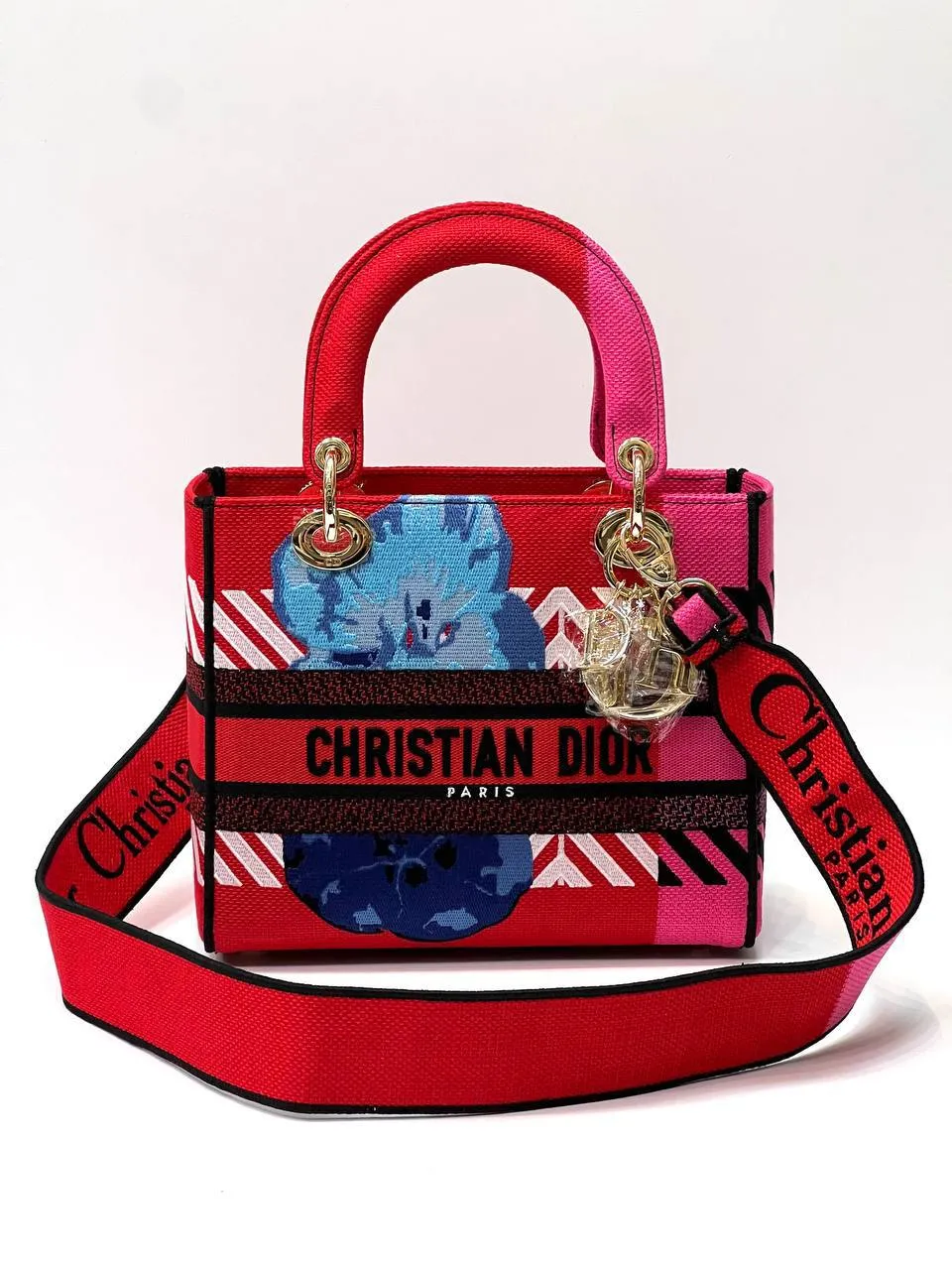 MEDIUM LADY D-LITE BAG Bright Pink Multicolor D-Flower Pop Embroidery