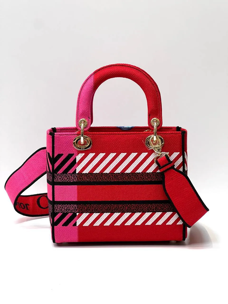 MEDIUM LADY D-LITE BAG Bright Pink Multicolor D-Flower Pop Embroidery