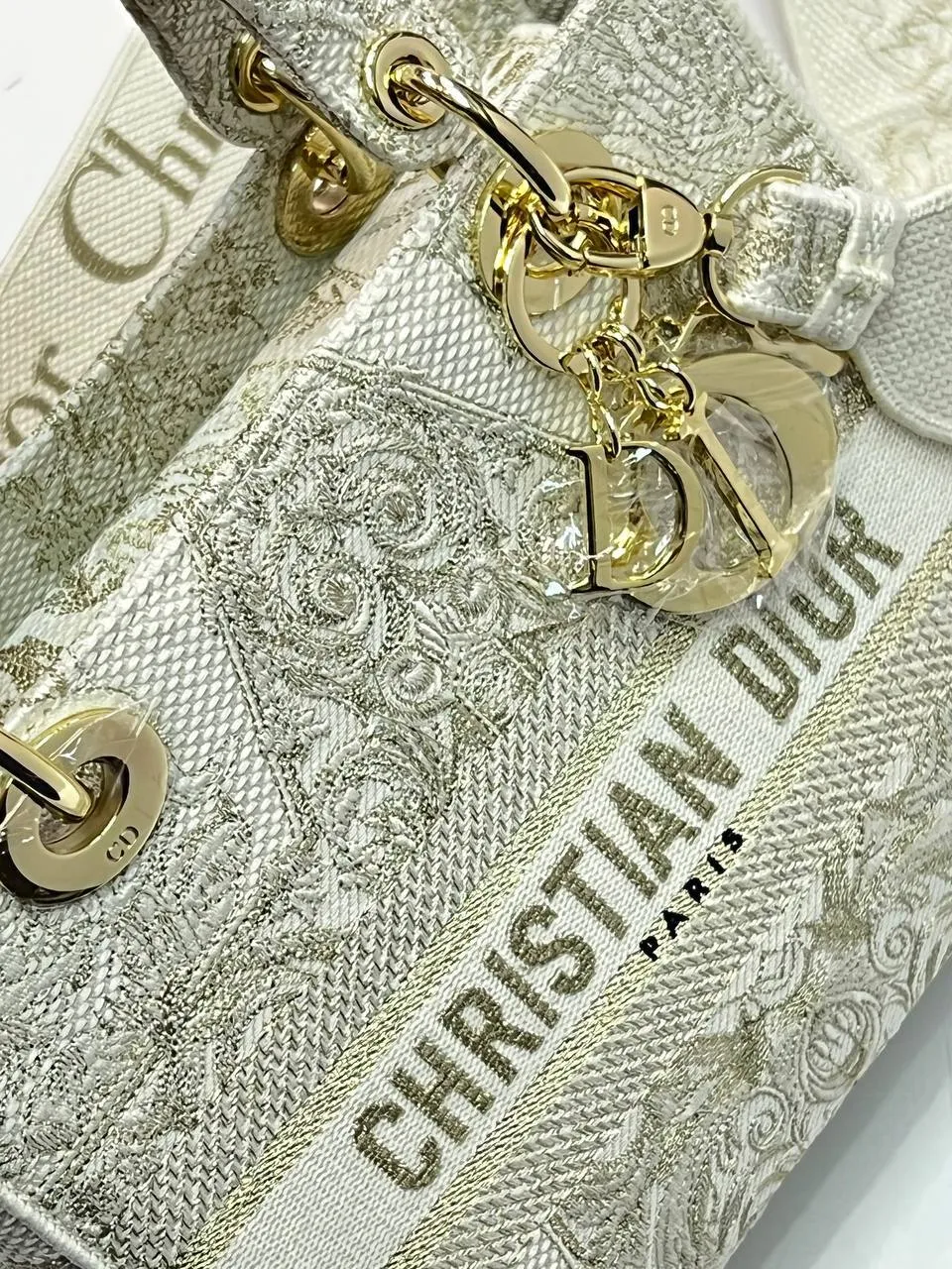 MEDIUM LADY D-LITE BAG In Beige Stripes Embroidery
