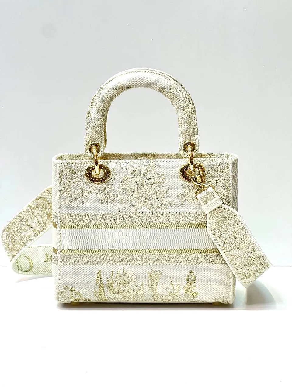 MEDIUM LADY D-LITE BAG In Beige Stripes Embroidery