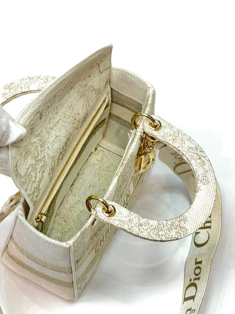 MEDIUM LADY D-LITE BAG In Beige Stripes Embroidery