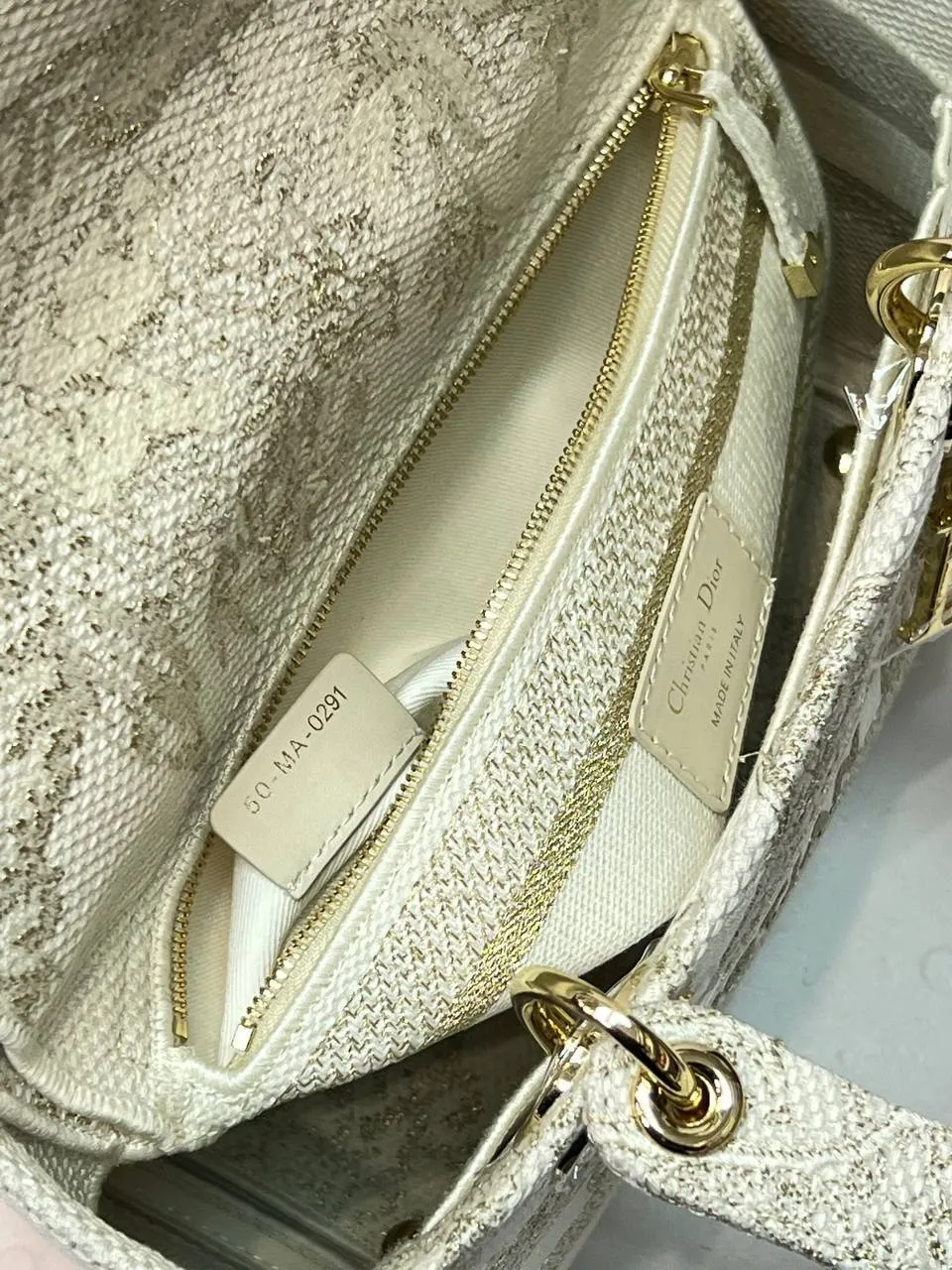 MEDIUM LADY D-LITE BAG In Beige Stripes Embroidery