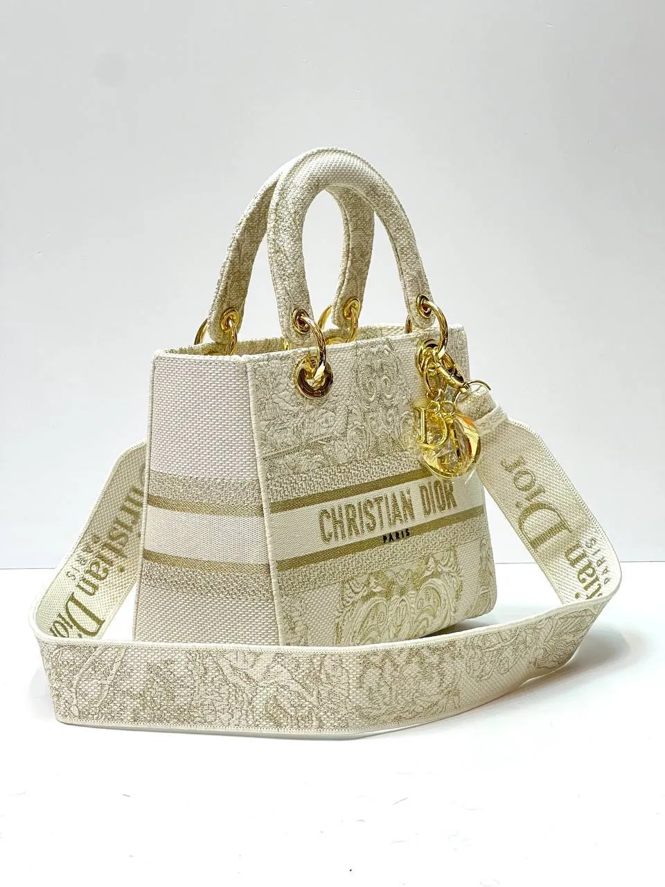 MEDIUM LADY D-LITE BAG In Beige Stripes Embroidery