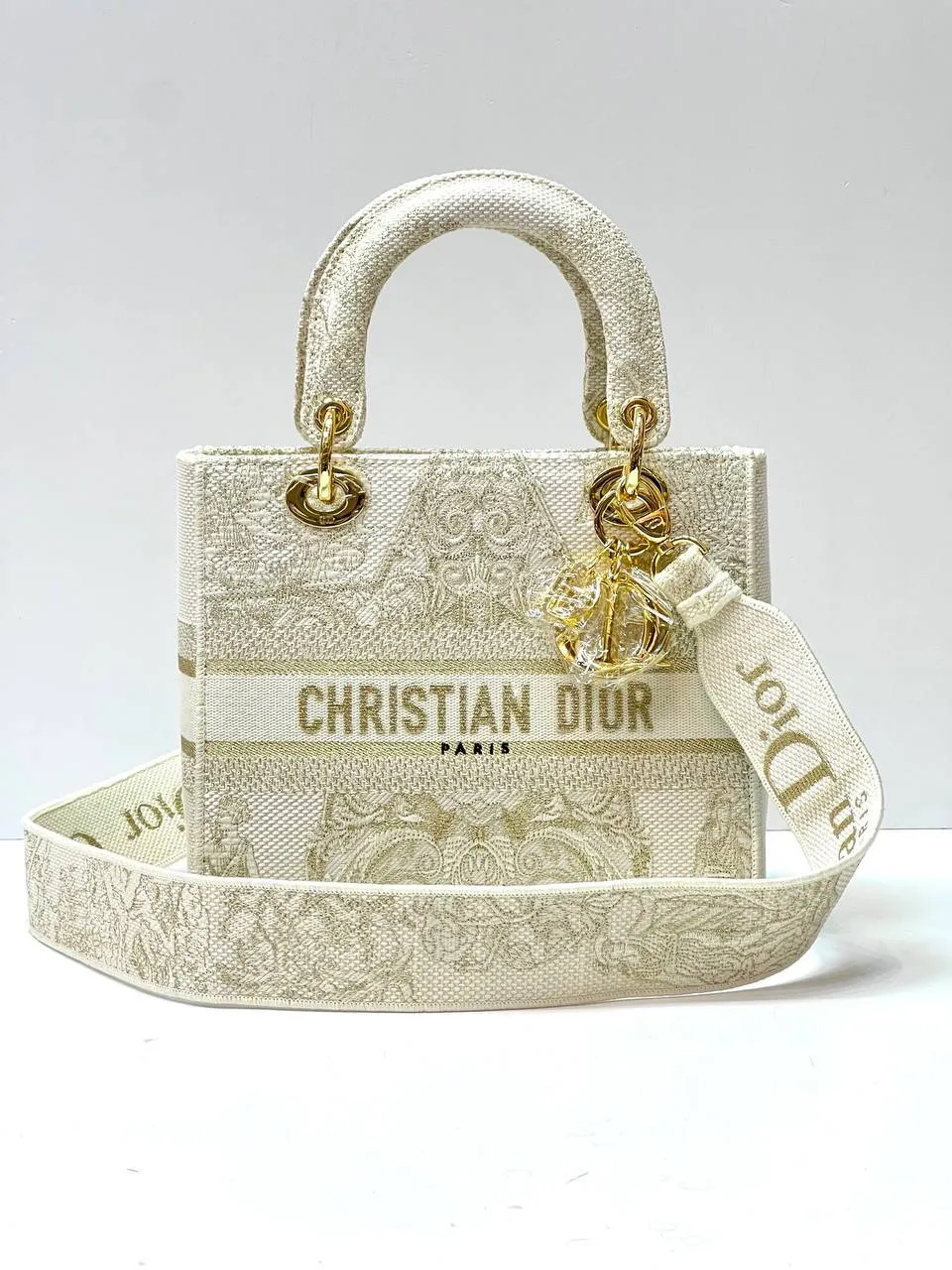 MEDIUM LADY D-LITE BAG In Beige Stripes Embroidery