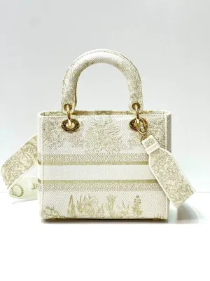 MEDIUM LADY D-LITE BAG In Beige Stripes Embroidery