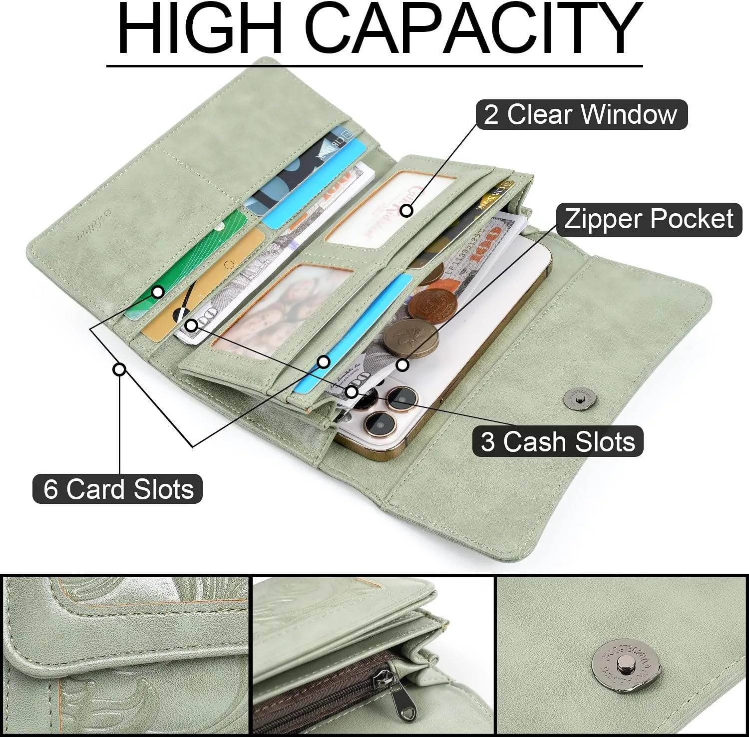 MEITRUE Women's Wallet Leather RFID Blocking Trifold Ladies Purse Embossed long Clutch Card Holder Phone Checkbook Organizer
