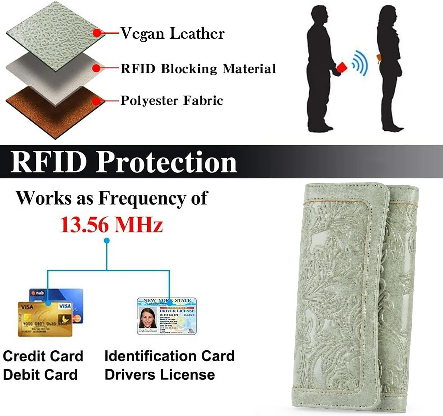 MEITRUE Women's Wallet Leather RFID Blocking Trifold Ladies Purse Embossed long Clutch Card Holder Phone Checkbook Organizer