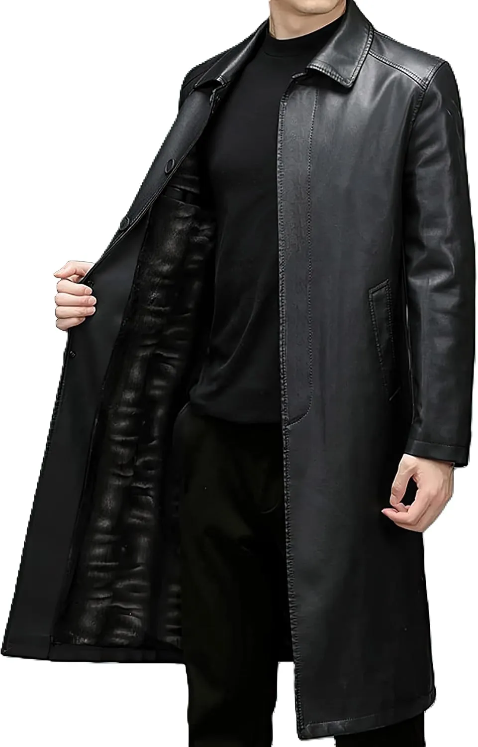 Men's Black Genuine Sheepskin Leather Single-Breasted Slim Fit Windproof Trench Coat - Military Style Aviator Coat for Men