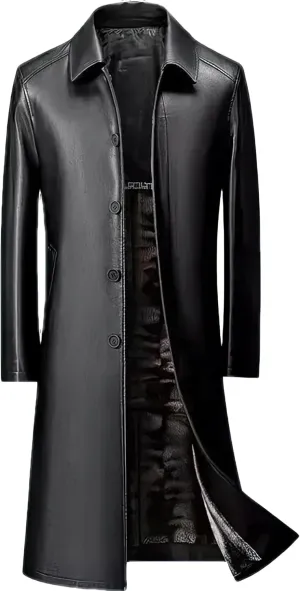 Men's Black Genuine Sheepskin Leather Single-Breasted Slim Fit Windproof Trench Coat - Military Style Aviator Coat for Men