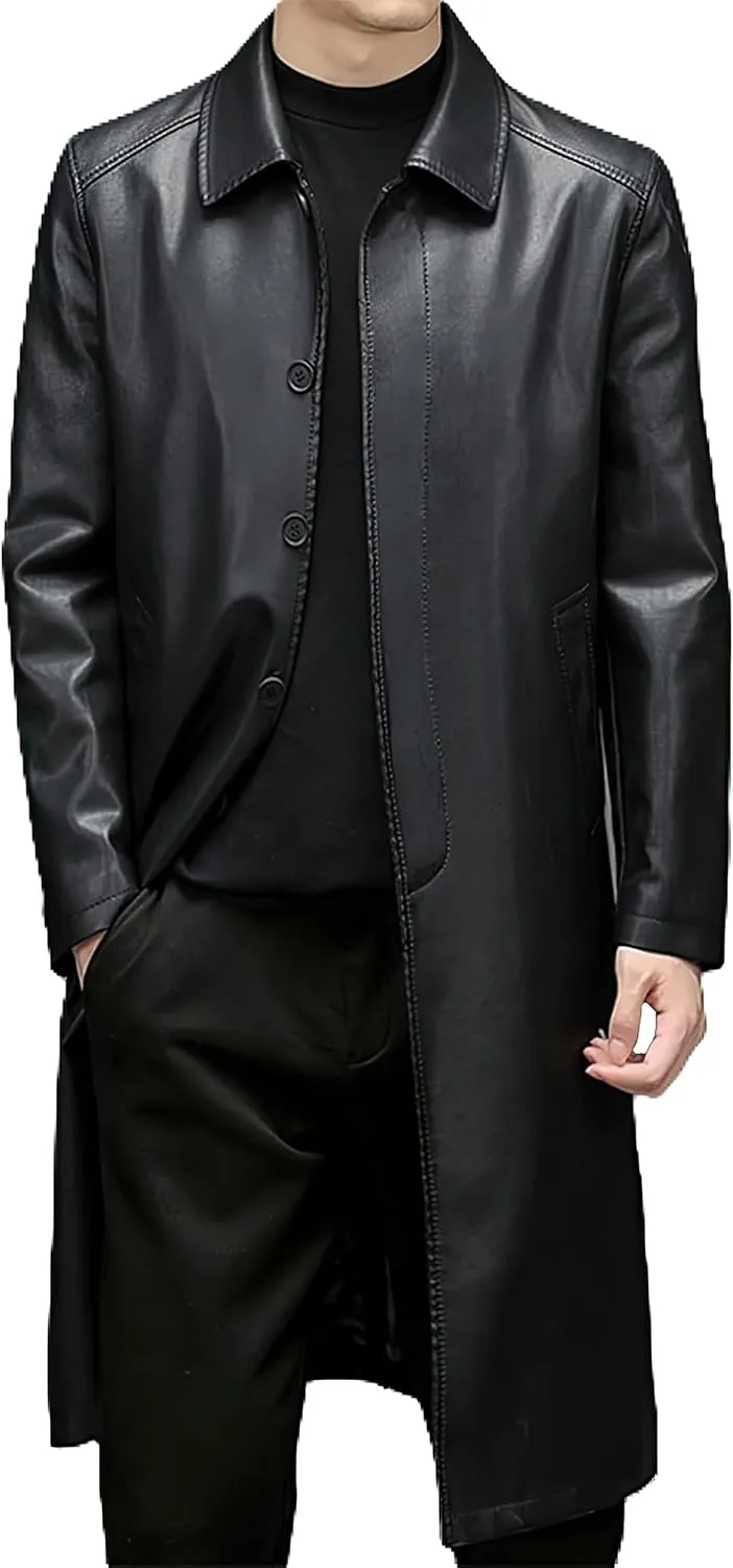 Men's Black Genuine Sheepskin Leather Single-Breasted Slim Fit Windproof Trench Coat - Military Style Aviator Coat for Men