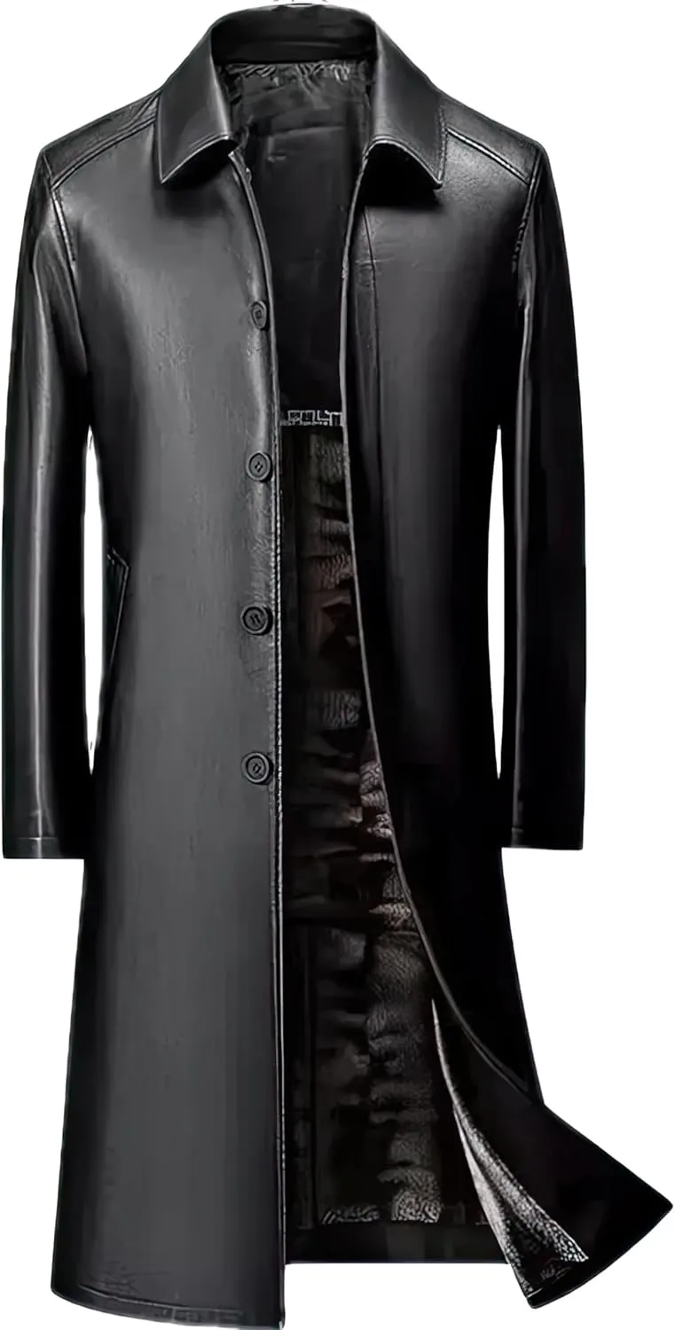Men's Black Genuine Sheepskin Leather Single-Breasted Slim Fit Windproof Trench Coat - Military Style Aviator Coat for Men