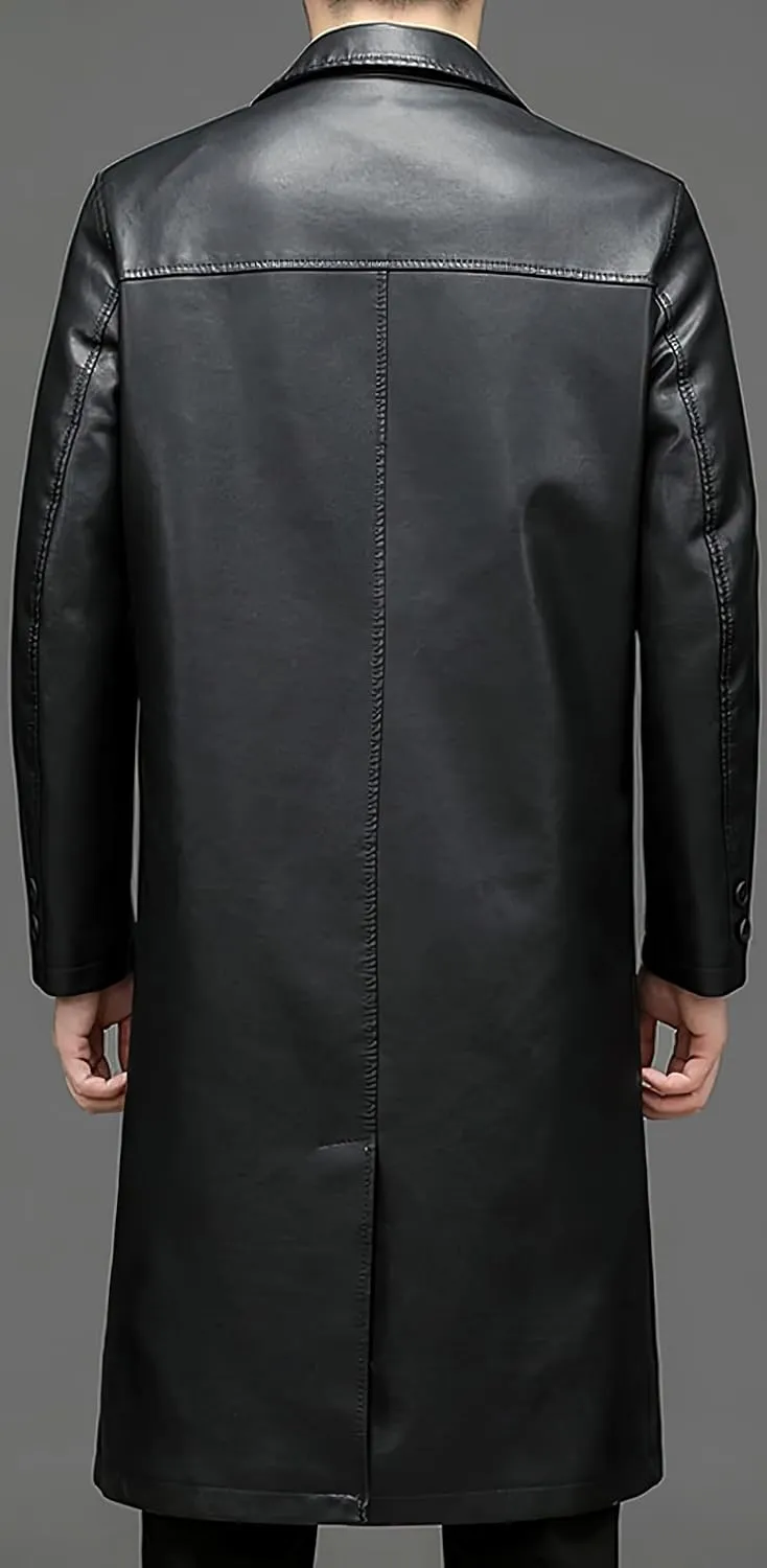 Men's Black Genuine Sheepskin Leather Single-Breasted Slim Fit Windproof Trench Coat - Military Style Aviator Coat for Men