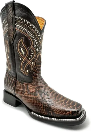 Mens Exotic Snakeskin Square Toe Phyton Print Genuine Leather Western Boots