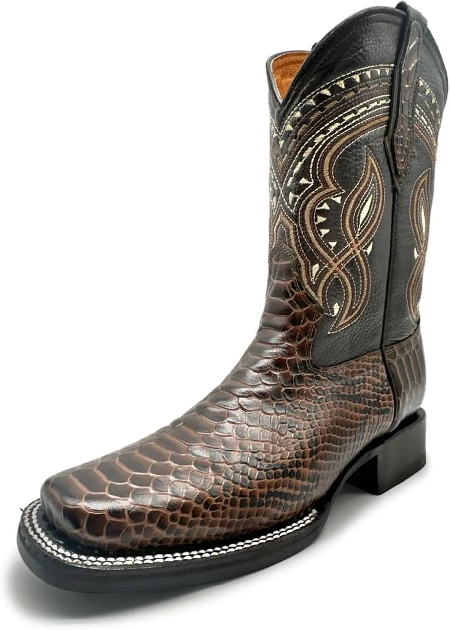 Mens Exotic Snakeskin Square Toe Phyton Print Genuine Leather Western Boots