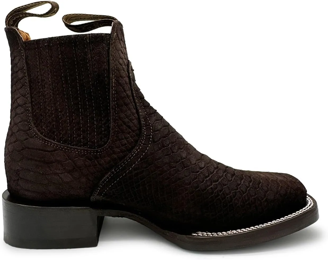 Men’s Genuine Leather Square Toe Embossed Python Snake Print Short Ankle Cowboy Boot