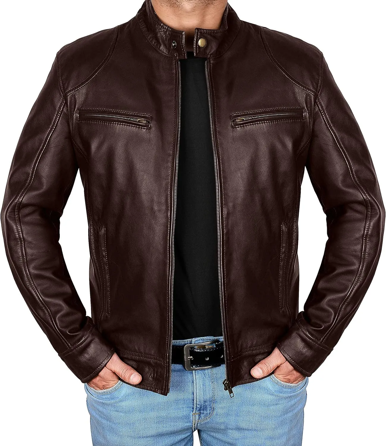 Mens Leather Jacket - Real Lambskin Classic Vintage Style Leather Jackets For Men Brown Leather Jacket for Mens
