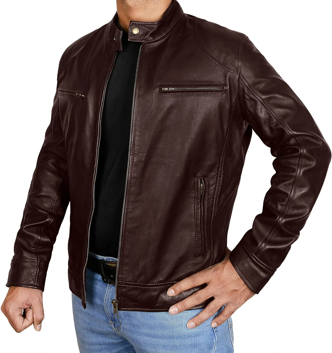 Mens Leather Jacket - Real Lambskin Classic Vintage Style Leather Jackets For Men Brown Leather Jacket for Mens