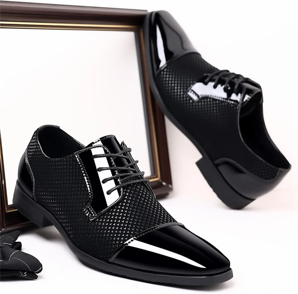 Men's Modern Cap Toe Patent Leather Tuxedo Dress Shoes Formal Business Lace up Oxfords Wedding Prom