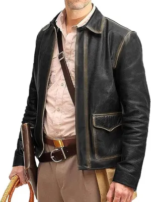 Men's Raiders of The Lost Harrison Jones Vintage Black Brown Bomber Leather Jacket Genuine Cowhide Distressed Leather Jacket (US, Alpha, Large, Regular, Regular, Distressed Black)