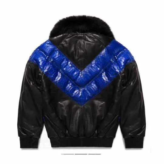 Men's V-Bomber Blue Python Skin Leather Jacket