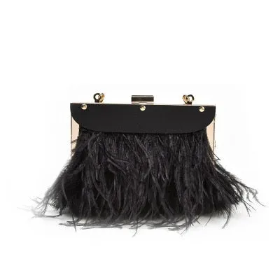 Metal Frame Bag Ostrich Feather Clutches Luxury Lady Winter Clip Bag Black Pink Hand Purse Party Box Bags Small Mini Evenig Bag