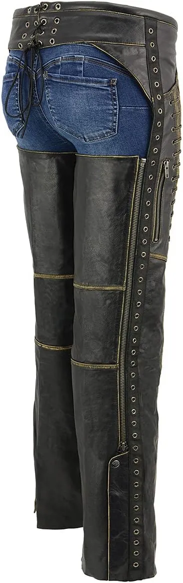Milwaukee Leather Chaps for Women Black Premium Skin Rubbed Seams- Accented Lace Detailing Motorcycle Chap- MLL6527