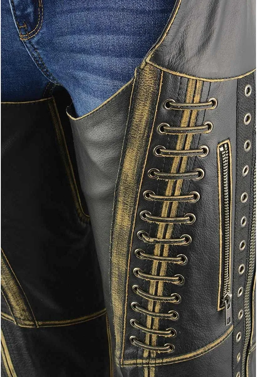 Milwaukee Leather Chaps for Women Black Premium Skin Rubbed Seams- Accented Lace Detailing Motorcycle Chap- MLL6527