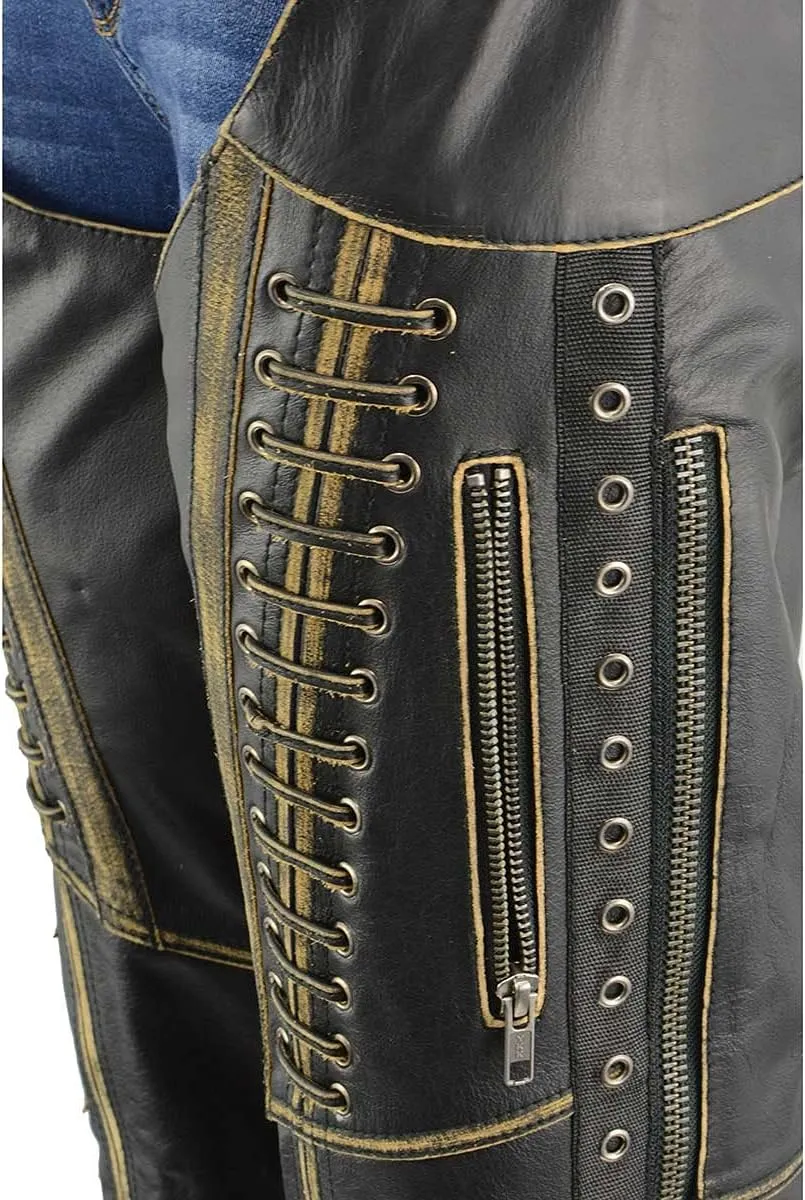 Milwaukee Leather Chaps for Women Black Premium Skin Rubbed Seams- Accented Lace Detailing Motorcycle Chap- MLL6527