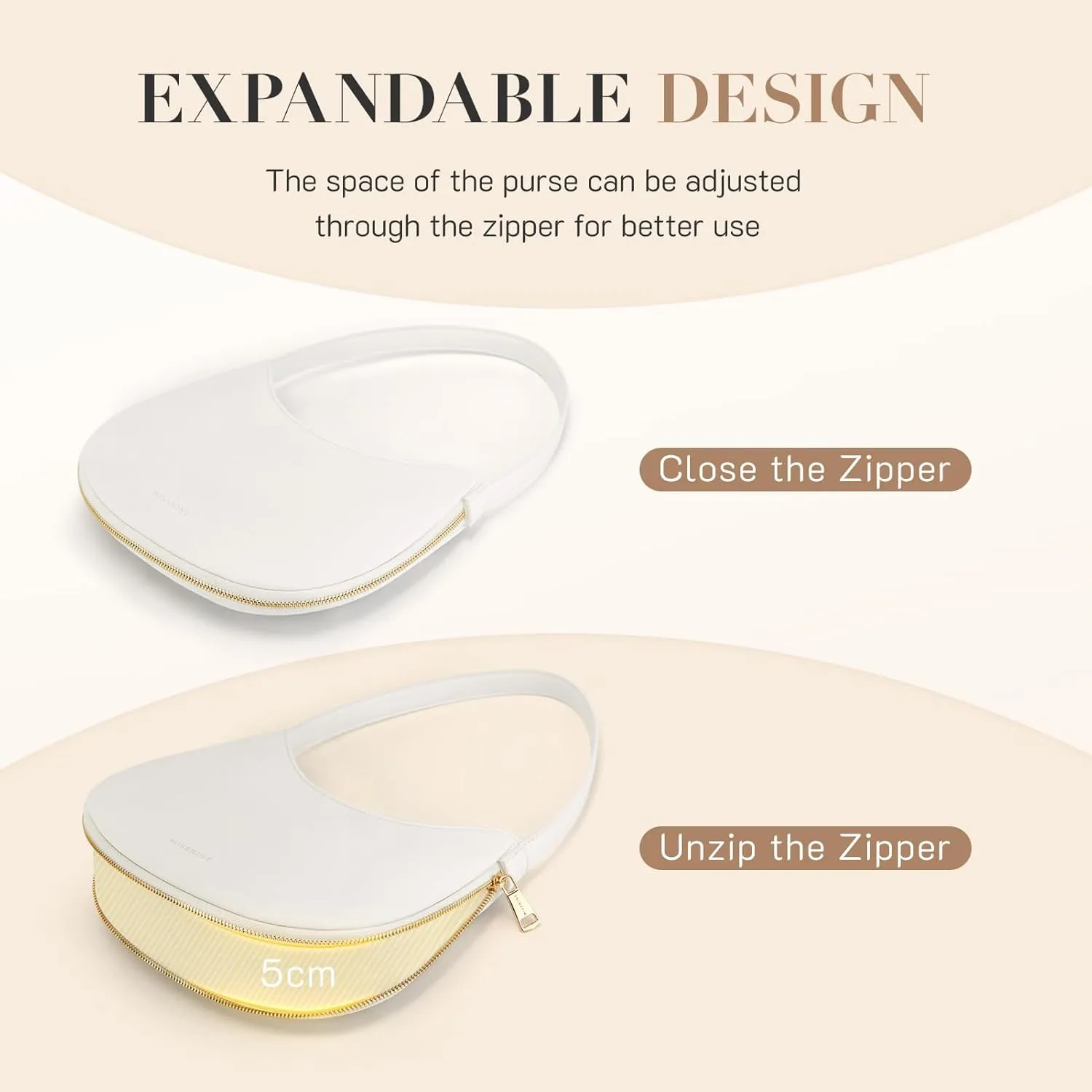 Missnine Shoulder Bag for Women Small Purse with Expansion Zipper Crescent Clutch Purse Vegan Leather Hobo Bag Trendy Handbag